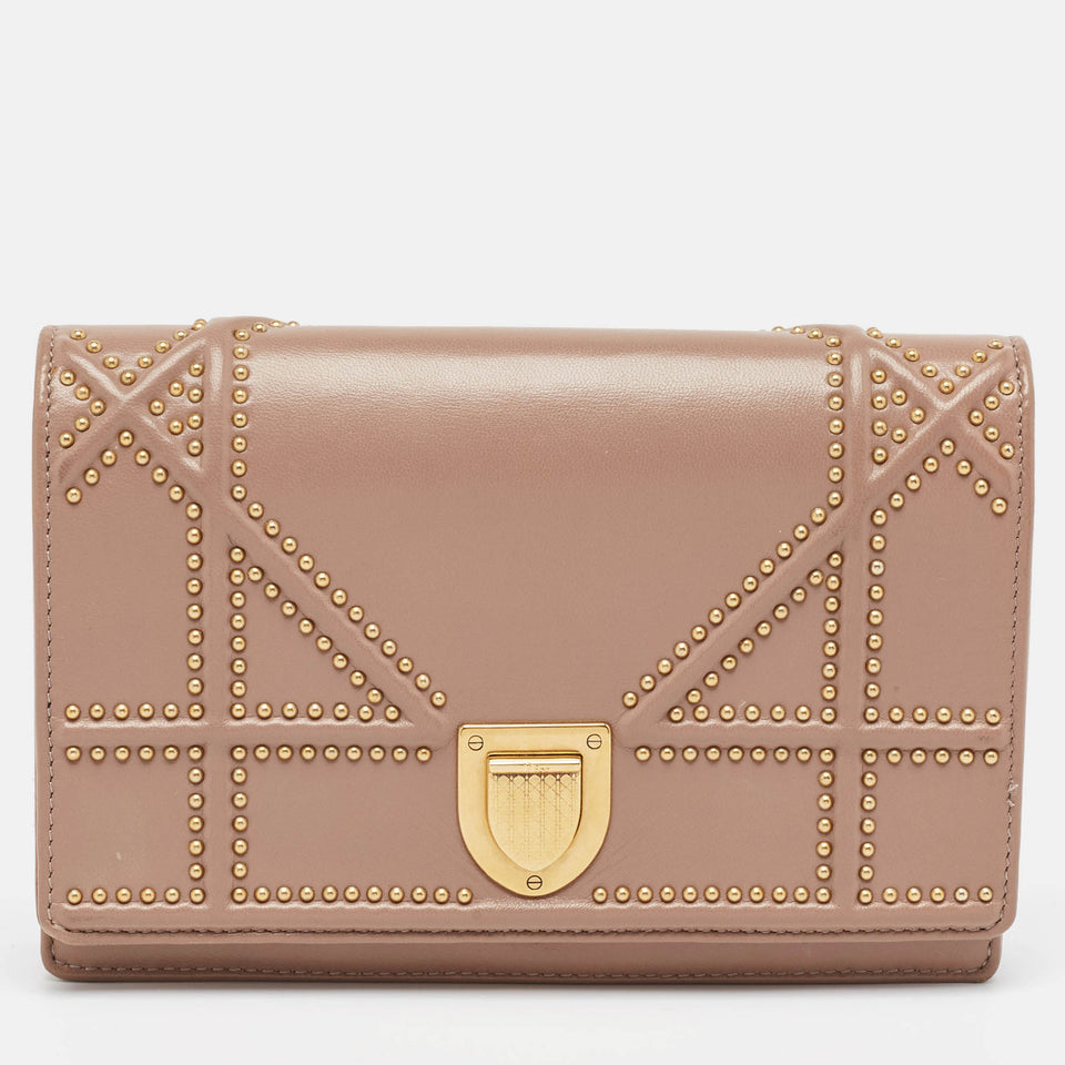 Pink Leather Studded Diorama Wallet on Chain