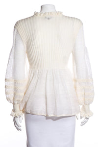 Chanel Ivory Lace Pattern Sleeves Ribbed Blouse SZ 42