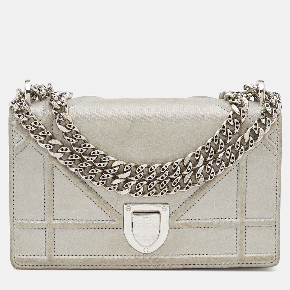 Grey Shimmering Leather Mini Diorama Crossbody Bag