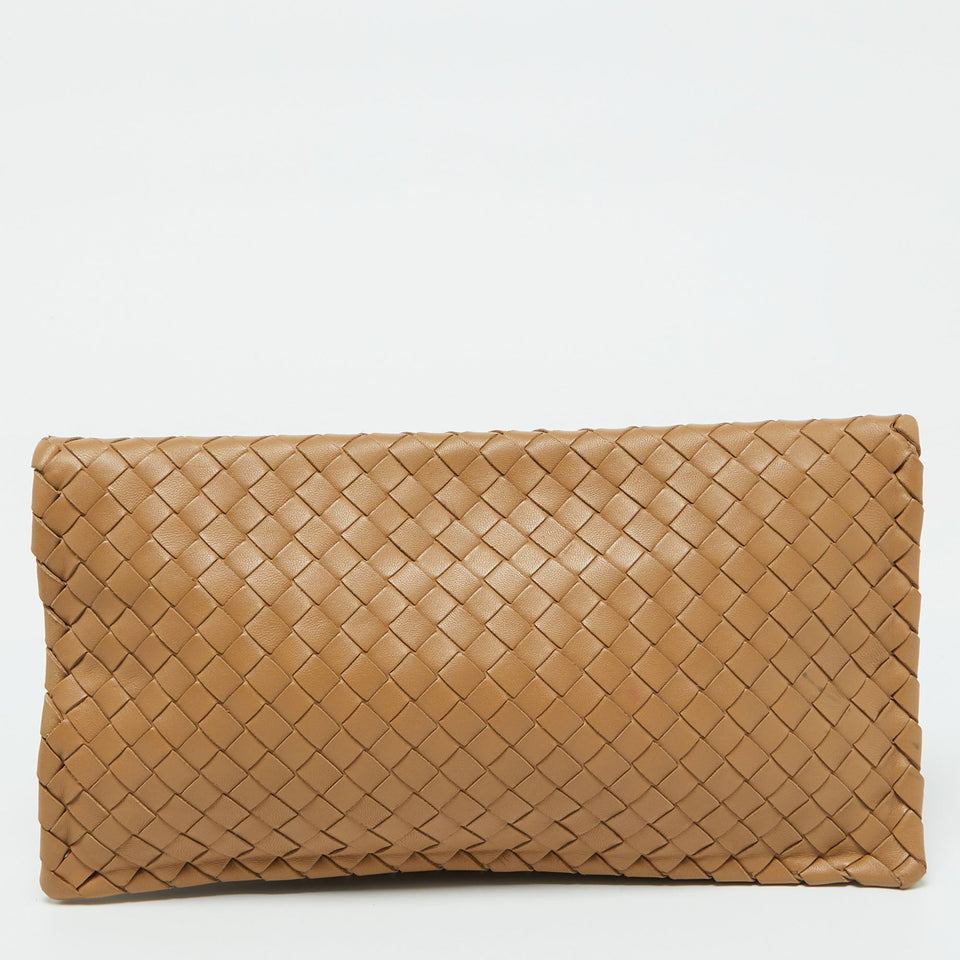Bottega Veneta Beige Intrecciato Leather Twist Lock Flap Clutch