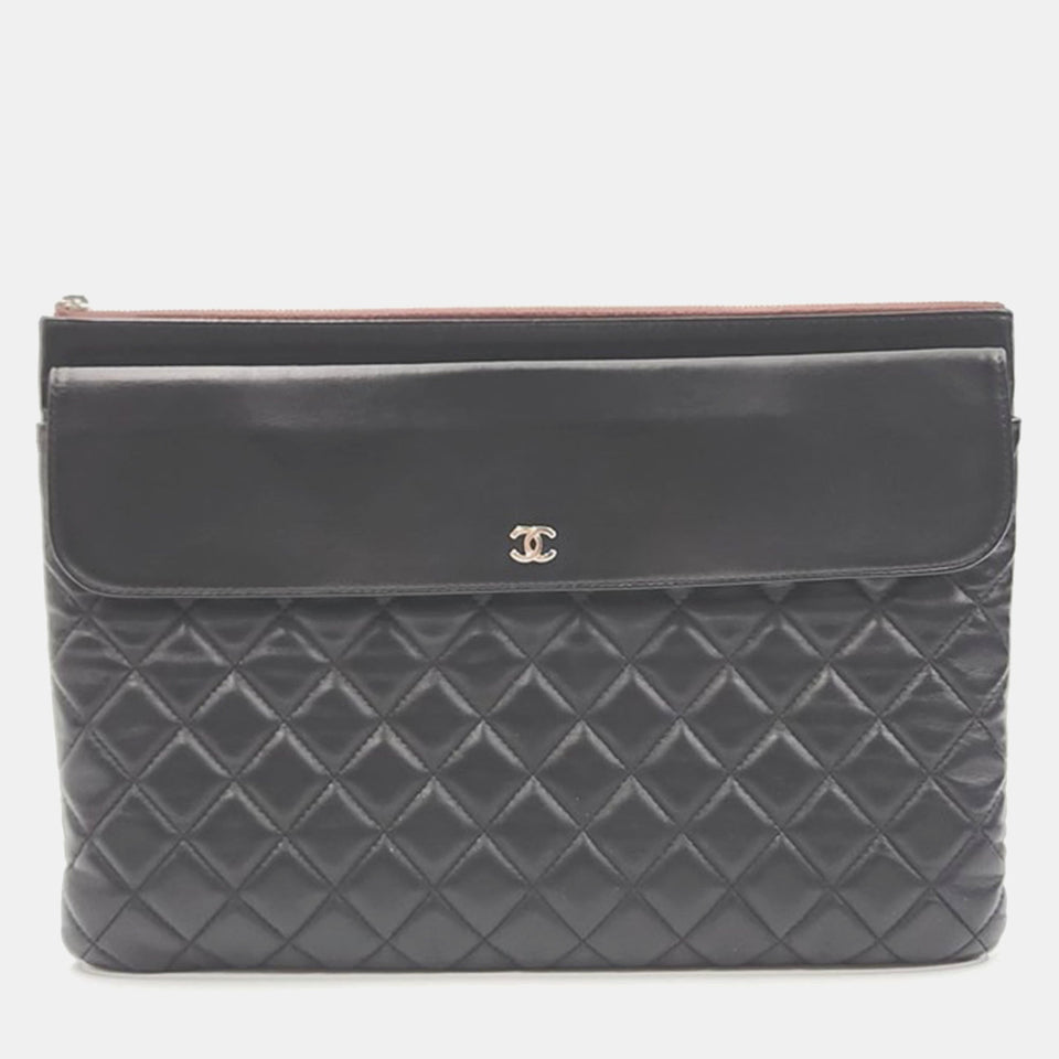 Black Lambskin Leather Pocket Flap Clutch Bag