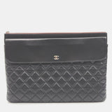 Black Lambskin Leather Pocket Flap Clutch Bag