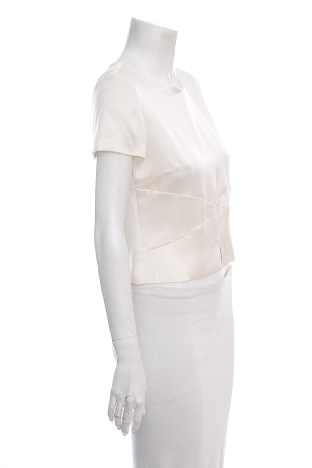 Chanel Cream Satin Silk Short Sleeve Blouse SZ 38 NWT