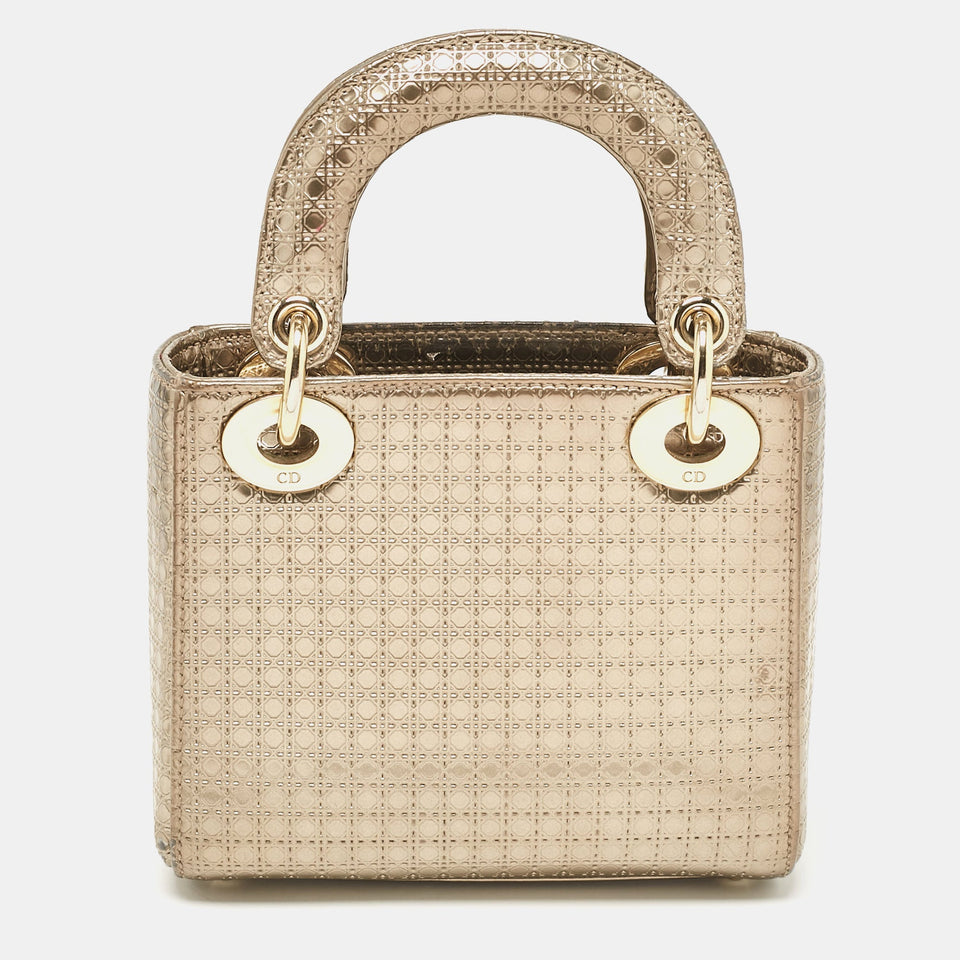 Dior Gold Microcannage Patent Leather Mini Lady Dior Tote