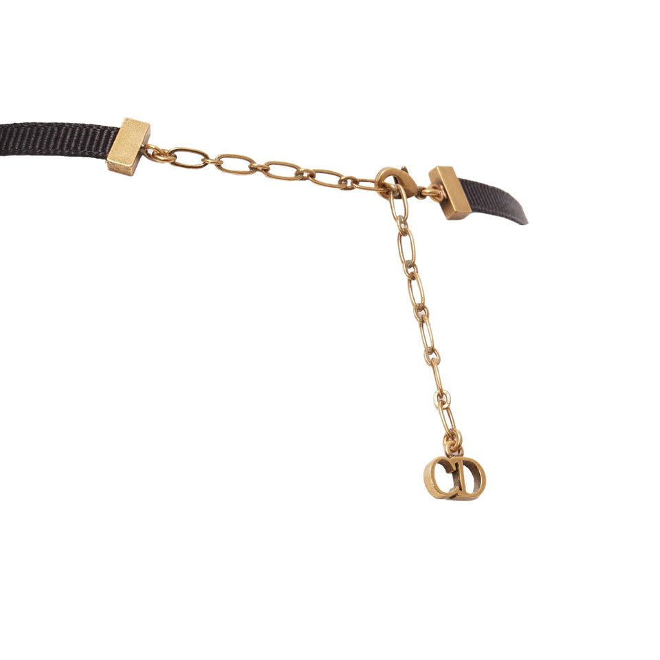 Dior J'adior Antique Gold Logo Plate Ribbon CD Charm Choker Necklace
