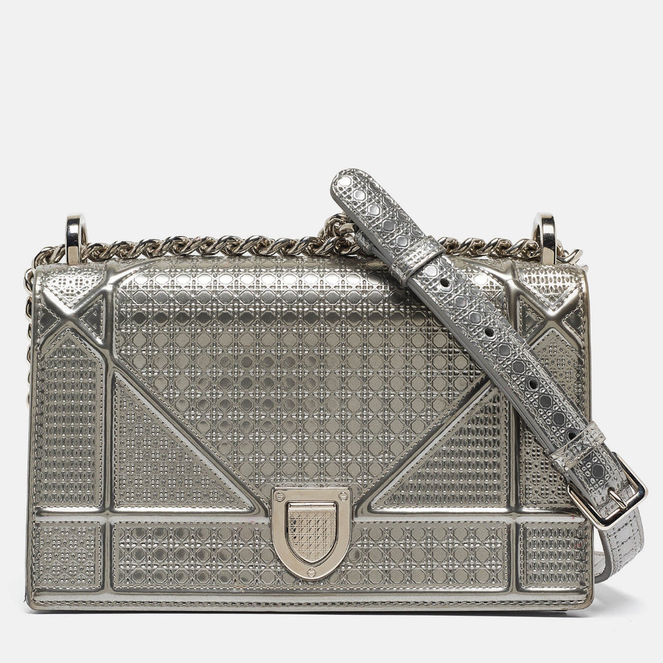 Silver Patent Leather Small Diorama Shoulder Bag