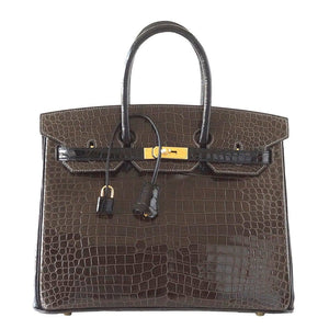 Hermes Birkin 35 Bag HSS Porosus Crocodile Gris Elephant / Black Gold Hdw