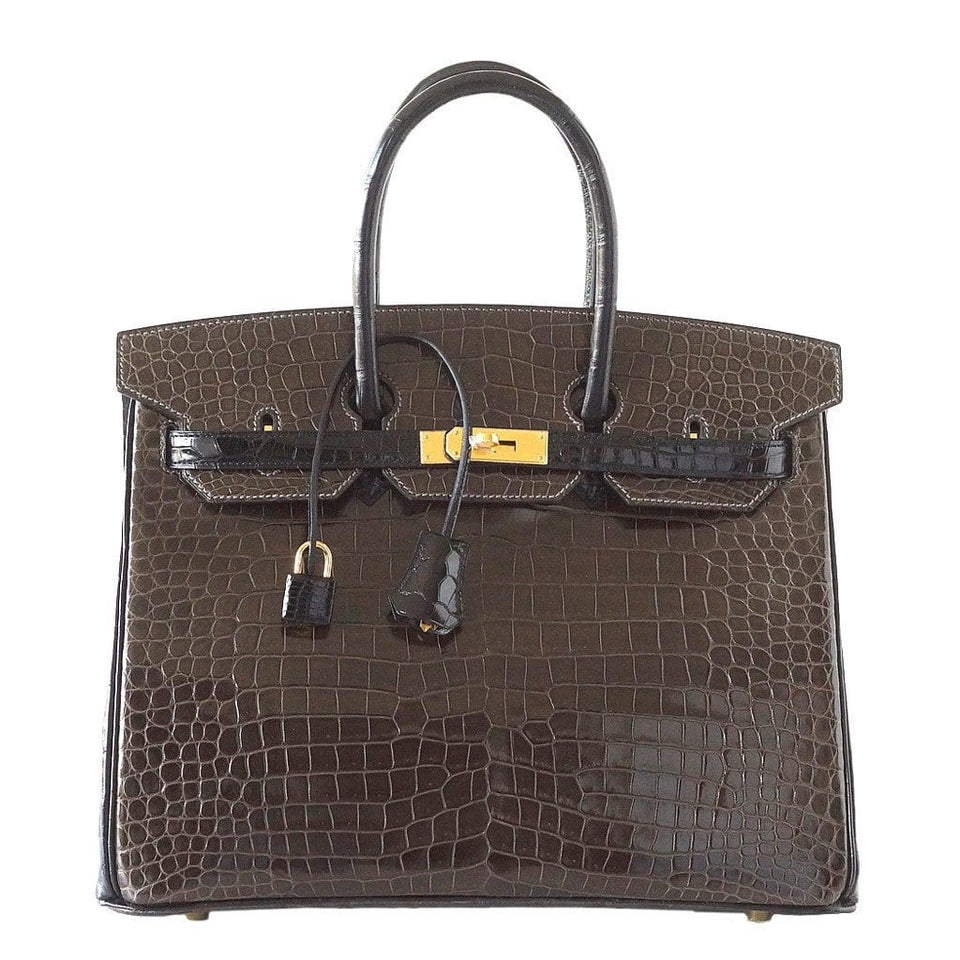 Hermes Birkin 35 Bag HSS Porosus Crocodile Gris Elephant / Black Gold Hdw