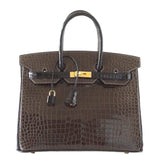 Hermes Birkin 35 Bag HSS Porosus Crocodile Gris Elephant / Black Gold Hdw