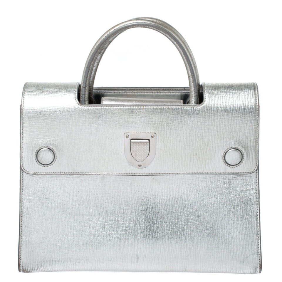 Metallic Silver Leather Medium Diorever Bag