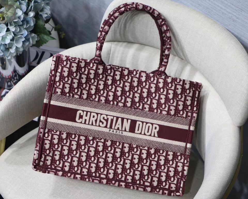 Dior Small Book Tote Bag In Bordeaux Oblique Canvas