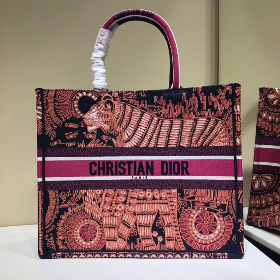 Dior Book Tote Bag In Fuchsia Animals Embroidered Canvas