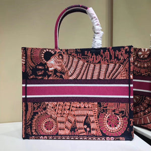 Dior Book Tote Bag In Fuchsia Animals Embroidered Canvas