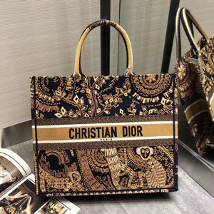 Dior Book Tote Bag In Orange Animals Embroidered Canvas