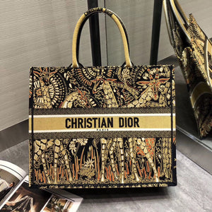 Dior Book Tote Bag In Yellow Animals Embroidered Canvas