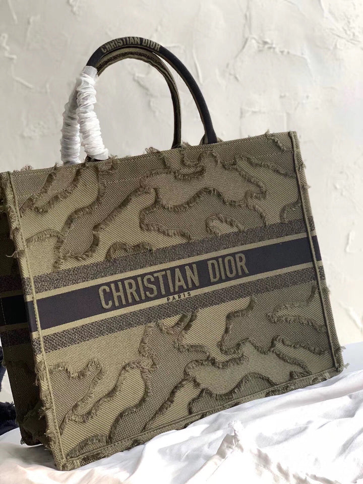 Dior Book Tote Bag In Green Camouflage Embroidered Canvas