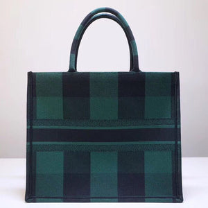 Dior Book Tote Bag In Green/Black Check Embroidered Canvas