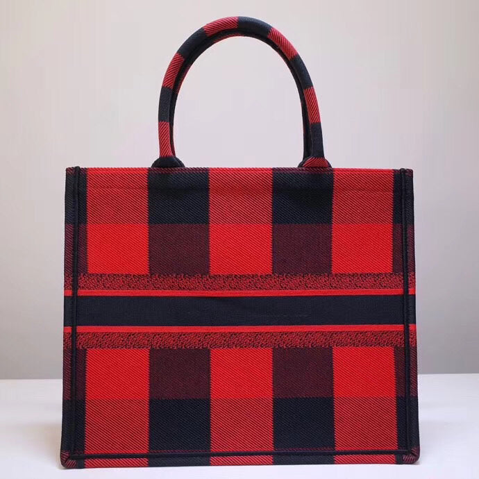 Dior Book Tote Bag In Red/Black Check Embroidered Canvas