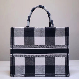 Dior Book Tote Bag In White/Black Check Embroidered Canvas