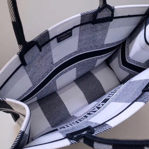 Dior Book Tote Bag In White/Black Check Embroidered Canvas