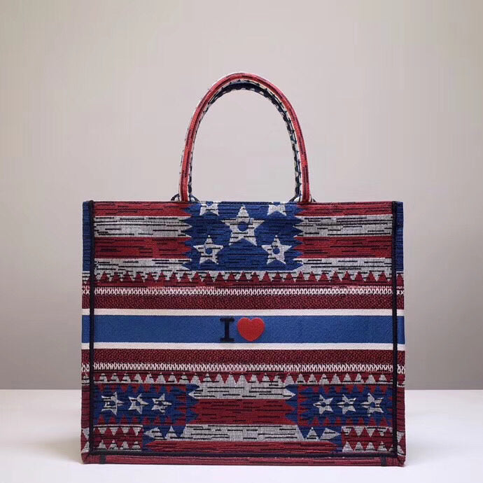 Dior Book Tote Bag In American Flag Embroidered Canvas