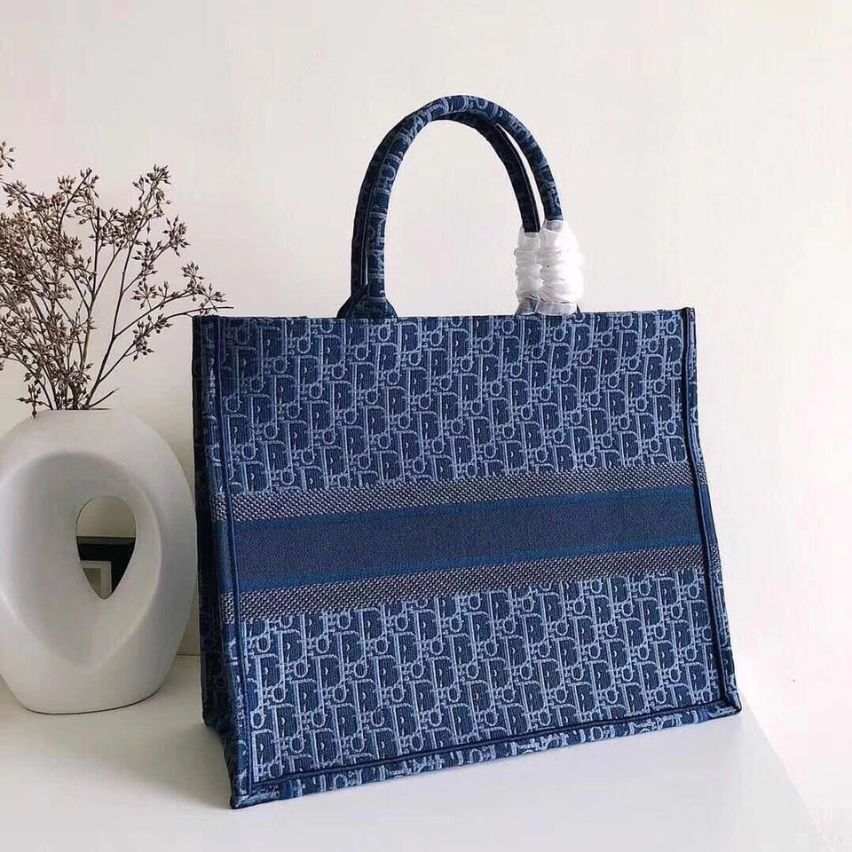 Dior Book Tote In Denim Blue Dior Oblique-embroidered Canvas