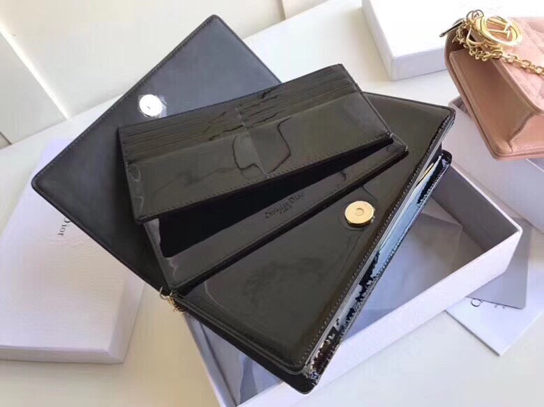 Dior Lady Dior Clutch With Chain In Black Patent