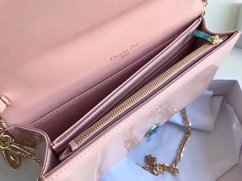 Dior Lady Dior Clutch With Chain In Pink Patent