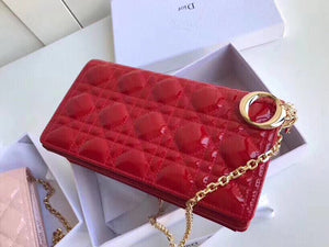 Dior Lady Dior Clutch With Chain In Red Patent Calfskin