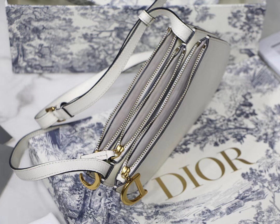 Dior Saddle Trio Pouch With Strap In White Calfskin