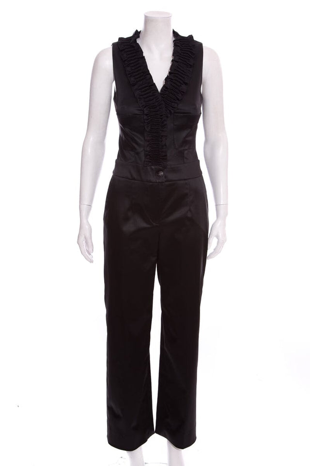 Chanel Black Satin Sleeveless Ruffle Jumpsuit SZ 38