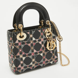 Dior Black Leather Mini Embroidered Beaded Lady Dior Tote