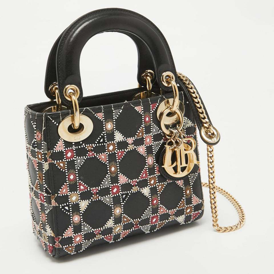 Dior Black Leather Mini Embroidered Beaded Lady Dior Tote