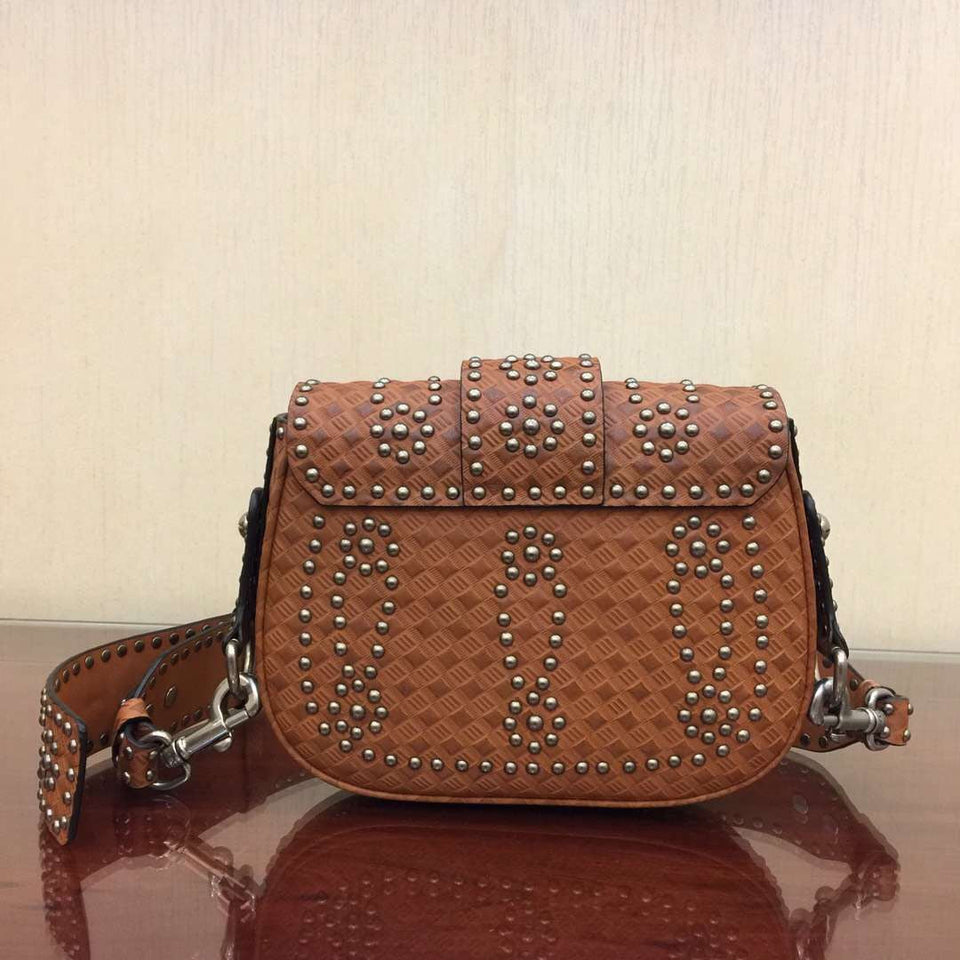 Dior D-Fence Saddle Bag In Brown Studded Calfskin