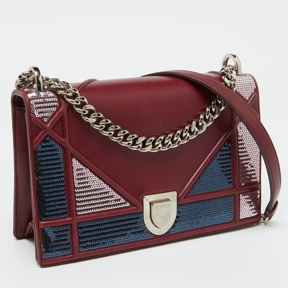 Dior Burgundy Leather And Sequins Medium Diorama Shoulder Bag