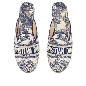 Dior-Dior Toile de Jouy Motif Flat Mules in Blue - Runway Catalog