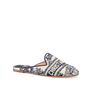 Dior-Dior Toile de Jouy Motif Flat Mules in Blue - Runway Catalog