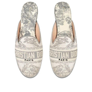 Dior-Dior Toile de Jouy Motif Flat Mules in Grey Stone - Runway Catalog