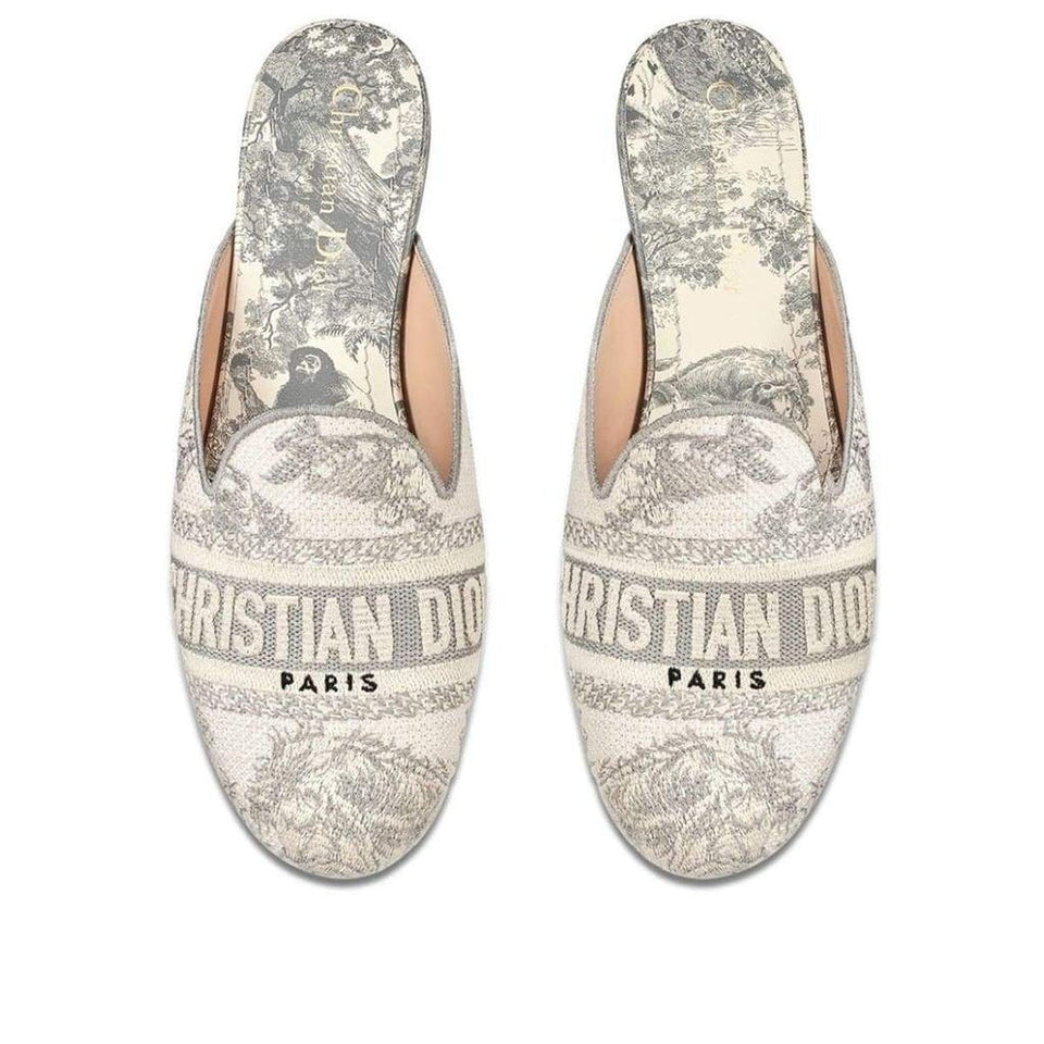 Dior-Dior Toile de Jouy Motif Flat Mules in Grey Stone - Runway Catalog