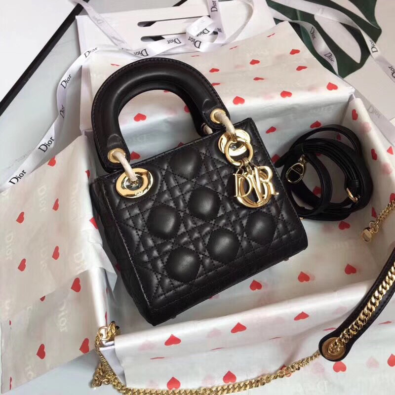 Dior Black Lambskin Mini Lady Dior Bag With Chain