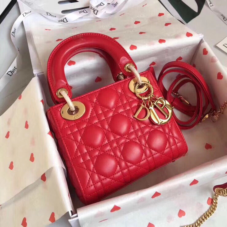 Dior Lady Dior Mini Chain Bag In Red Lambskin