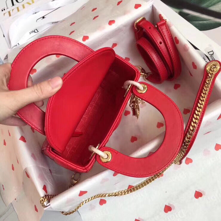 Dior Lady Dior Mini Chain Bag In Red Lambskin