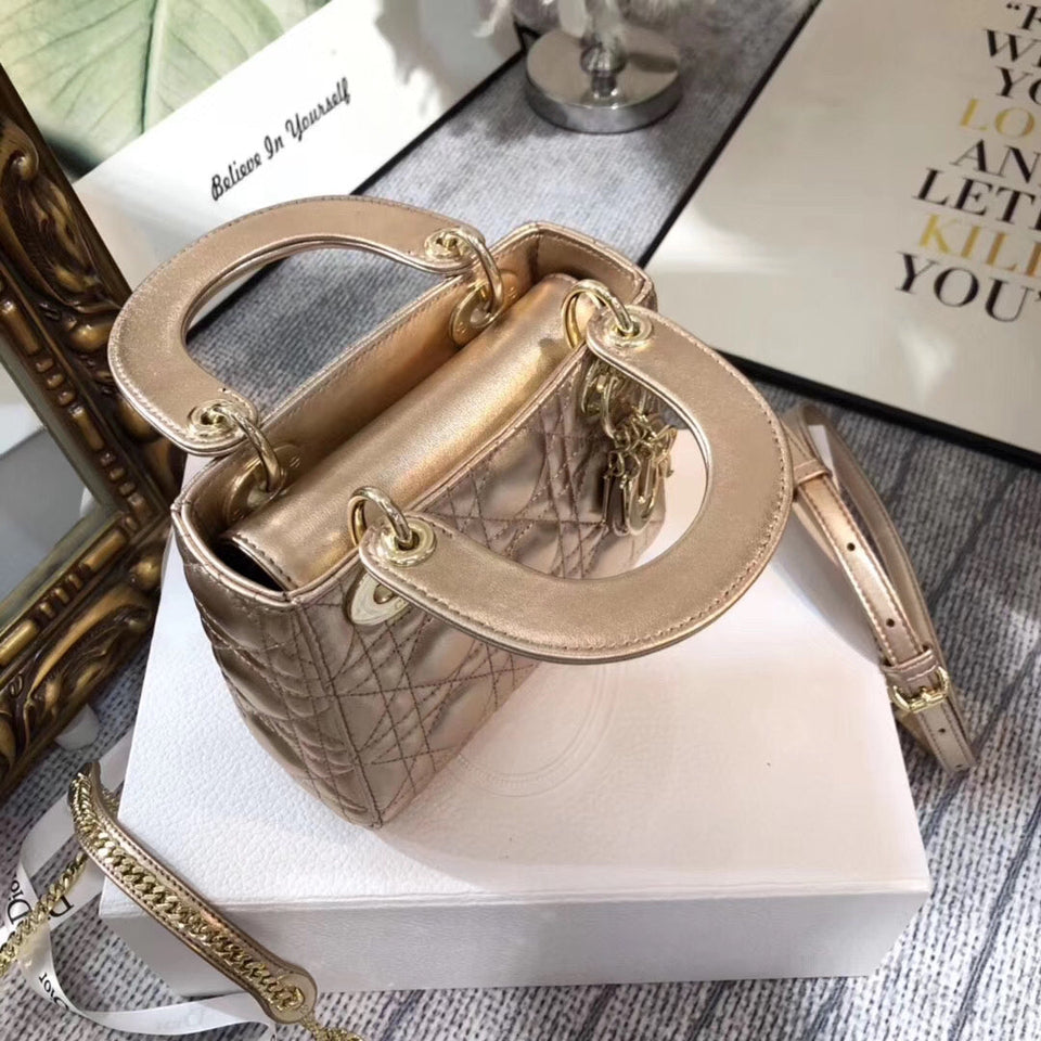 Dior Lady Dior Mini Chain Bag In Gold Metallic Calfskin