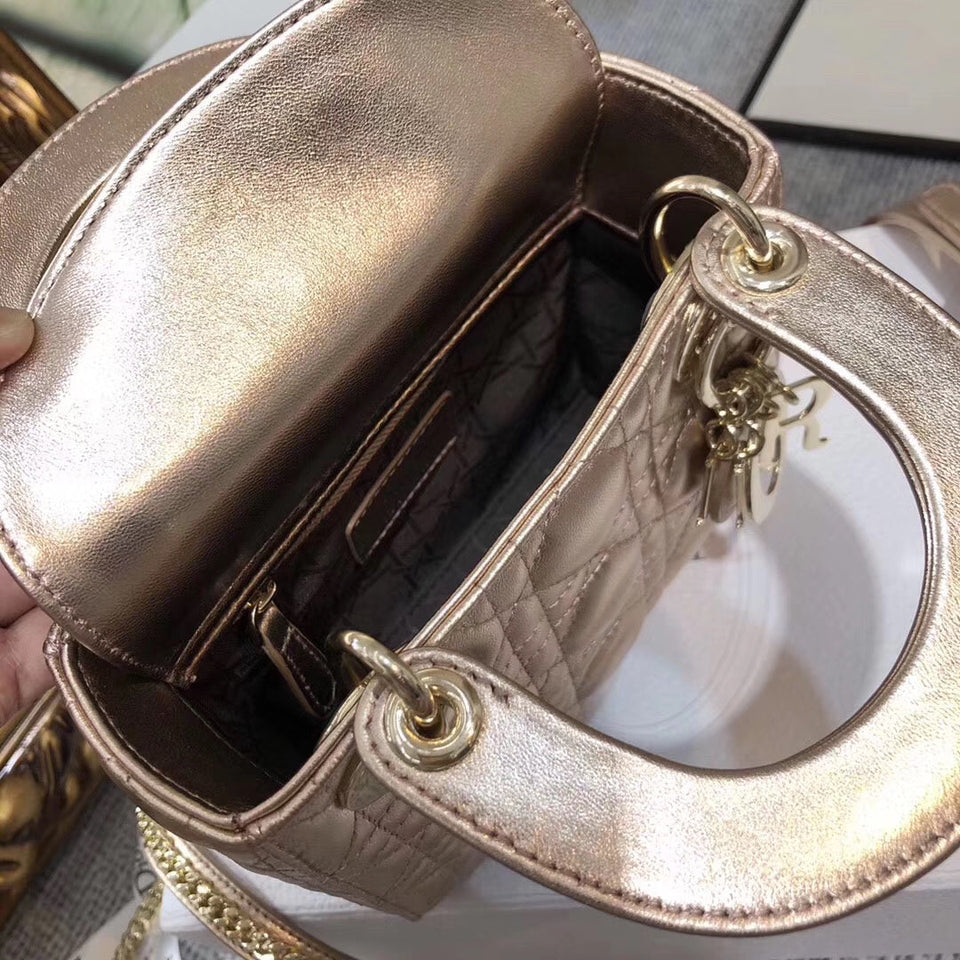 Dior Lady Dior Mini Chain Bag In Gold Metallic Calfskin