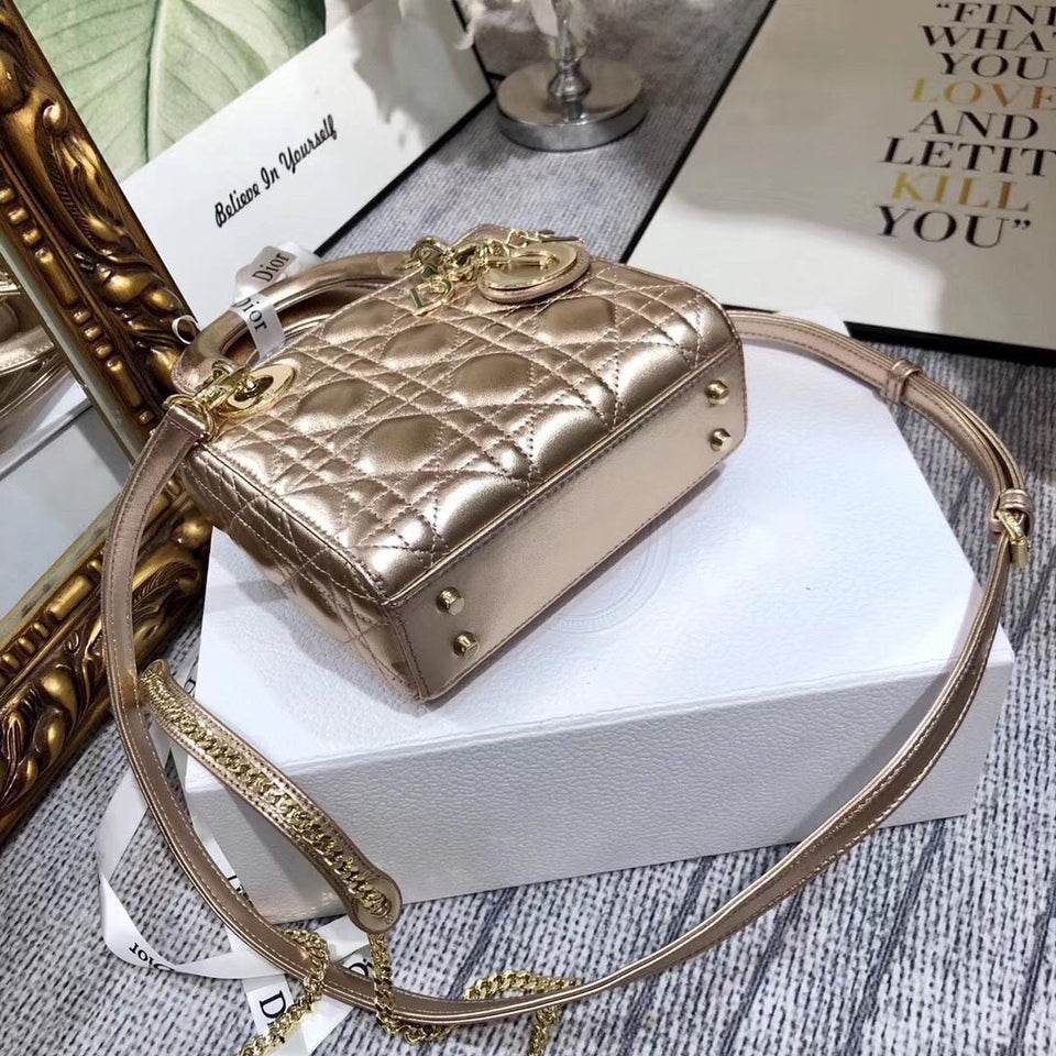 Dior Lady Dior Mini Chain Bag In Gold Metallic Calfskin