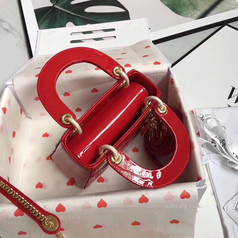 Dior Red Patent Mini Lady Dior Bag With Chain