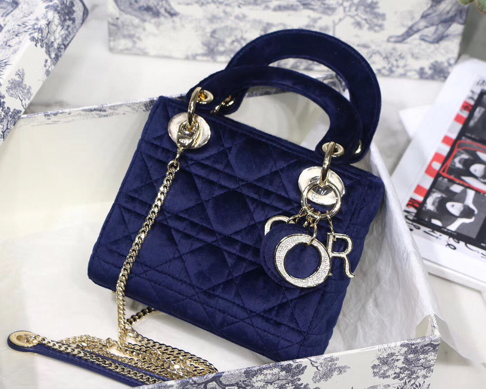 Dior Blue Velvet Mini Lady Dior Bag With Chain