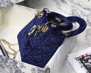 Dior Blue Velvet Mini Lady Dior Bag With Chain