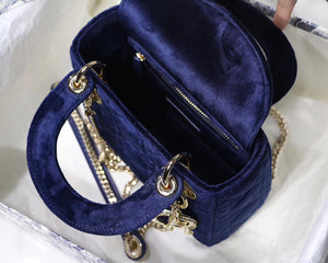 Dior Blue Velvet Mini Lady Dior Bag With Chain