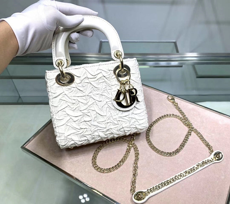 Dior Lady Dior Mini Chain Bag In White Wavy Crinkled Lambskin